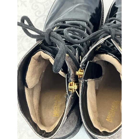 Michael Kors Alistar Monogram Black Patent Combat Boots Women's 9.5M PU Upper Go - Picture 4 of 10